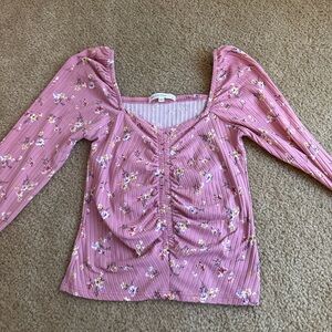 Dusty Pink Floral Ruched Long-Sleeve Top